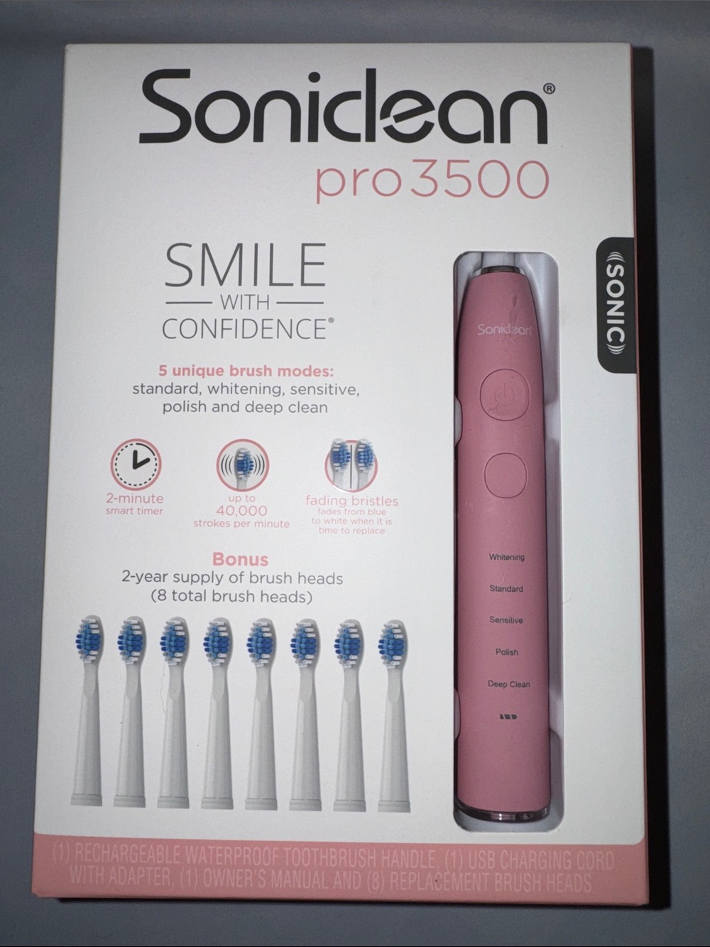 Soniclean Pro 3500 Pink Electric Toothbrush, 5 Modes, 8 Replacement Heads, NEW!